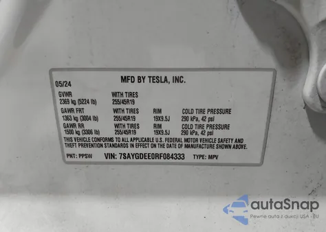 2024 Tesla Model Y Long Range Dual Motor All-Wheel Drive z USA, uszkodzony, nr VIN 7SAYGDEE0RF084333